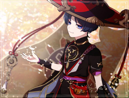 Scaramouche (Genshin Impact) portrait in ornate dark costume and wide-brimmed hat, hand outstretched against warm golden bokeh — 2K Quad HD PC wallpaper.