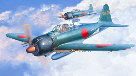 HD desktop wallpaper showcasing two Mitsubishi A6M Zero military warplanes flying through a partly cloudy sky.