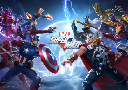 HD PC desktop wallpaper featuring dynamic Marvel Super War characters in an epic battle scene with vibrant colors and lightning effects.