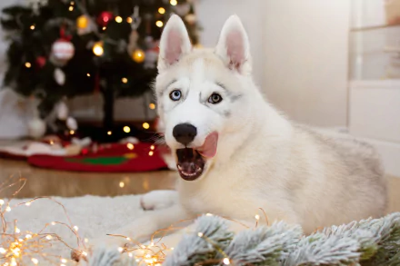 HD PC desktop wallpaper: a white husky dog lounging on a rug with twinkling Christmas lights and a decorated tree in the background.