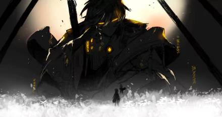 HD desktop wallpaper featuring Zhongli, Paimon, and Lumine from the video game Genshin Impact. The artwork showcases a dramatic scene with dark tones and glowing highlights.