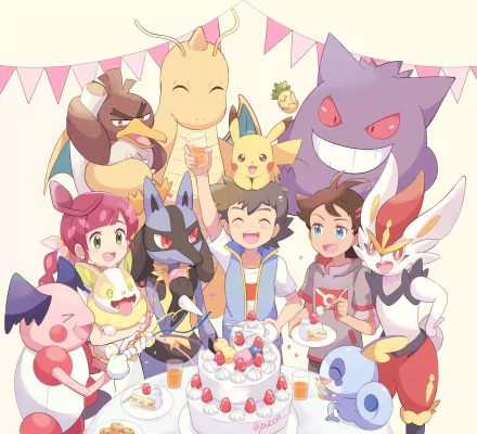 HD anime-style wallpaper featuring Ash Ketchum, Goh, Pikachu, Sobble, Lucario, Cinderace, and other Pokémon celebrating with a cake.