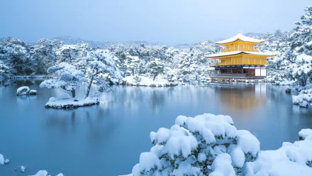 Kyoto temple Japan lake snow winter religious Kinkaku-ji HD Desktop Wallpaper | Background Image