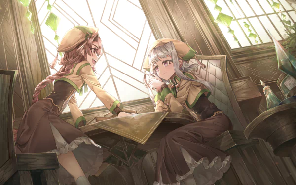 Anime girl with a braid is engrossed in a book while sitting by a sunlit window, creating a serene and detailed HD PC desktop wallpaper scene.