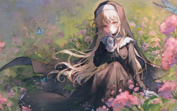 Sister Cleaire (Virtual Youtuber) nun long hair flower butterfly blonde brown eyes Nijisanji Anime Virtual Youtuber HD Desktop Wallpaper | Background Image