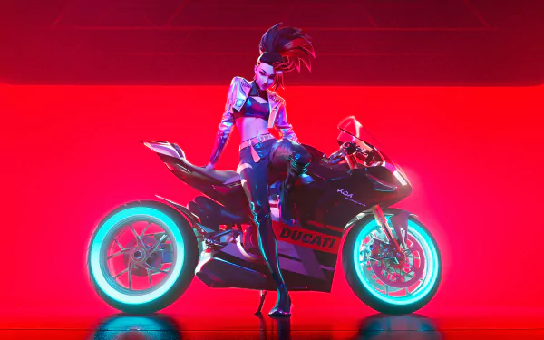 K/DA’s Akali from League of Legends poses on a glowing neon Ducati motorcycle in vibrant red and blue hues, captured in stunning 4K Ultra HD K-pop style.