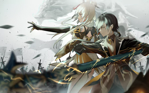 HD desktop wallpaper featuring Ningguang and Zhongli from Genshin Impact, set in a dynamic battle scene.