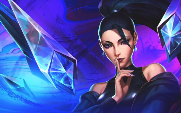 4K Ultra HD PC desktop wallpaper featuring Kai'Sa from League of Legends' K/DA, set against a vibrant, crystal-streaked blue background.