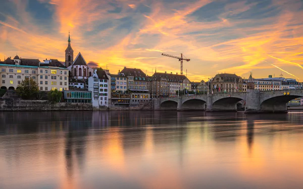 Basel Switzerland house building river bridge sunset man made city HD Desktop Wallpaper | Background Image