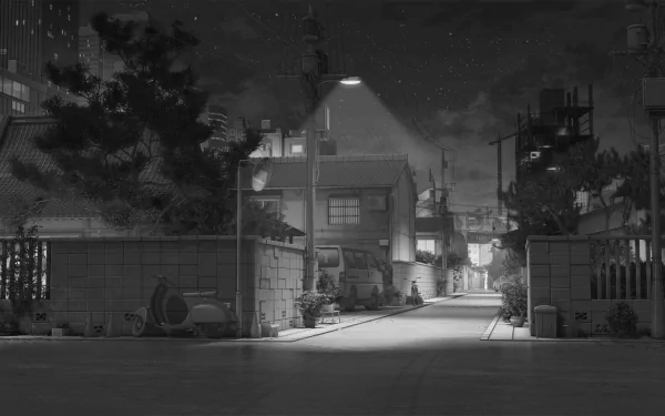 Monochrome night street in a video-game style, neon-lit alley blending themes of Love, Money and Rock'n'Roll — HD PC desktop wallpaper and background.