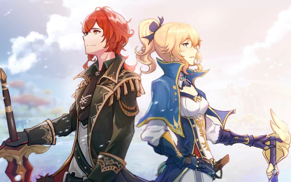HD PC desktop wallpaper featuring Jean and Diluc from the video game Genshin Impact, standing back-to-back against a bright sky backdrop.