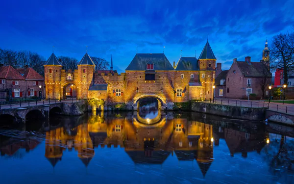 night Netherlands river reflection man made castle gate HD Desktop Wallpaper | Background Image