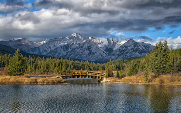 rocky mountains Alberta Canada lake bridge mountain forest nature banff national park HD Desktop Wallpaper | Background Image