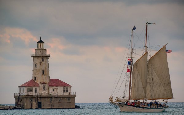 Vehicles Sailing Ship Lake Lighthouse Sailboat Chicago Illinois Lake Michigan Schooner Tall Ship HD Wallpaper | Background Image