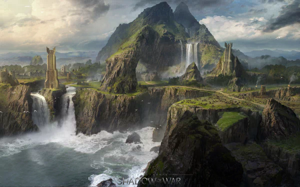 HD PC desktop wallpaper from the video game Middle-earth: Shadow of War, depicting a dramatic landscape with waterfalls, rocky cliffs, and a misty mountainous backdrop.