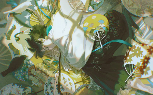 Anime boy surrounded by decorative fans and intricate patterns, creating a serene HD wallpaper and background.