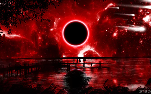 Sci-fi red landscape: a black eclipsed sun ringed in crimson, streaking meteors, silhouetted figures on a pier and mirrored water — 2K Quad HD PC desktop wallpaper.