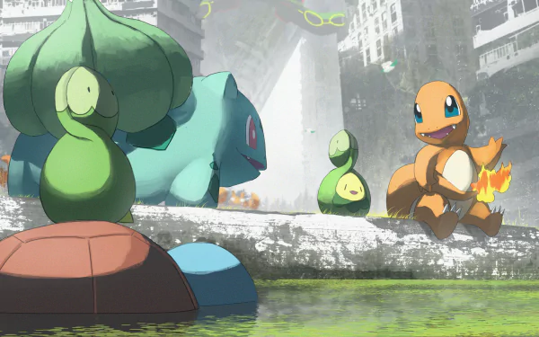 HD PC desktop wallpaper featuring Pokémon Squirtle, Rayquaza, Krabby, Bulbasaur, Budew, and Charmander in a detailed urban environment.