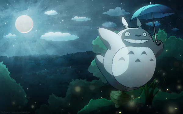 An HD desktop wallpaper featuring Totoro from My Neighbor Totoro, holding an umbrella and floating in a moonlit, lush forest with fireflies.