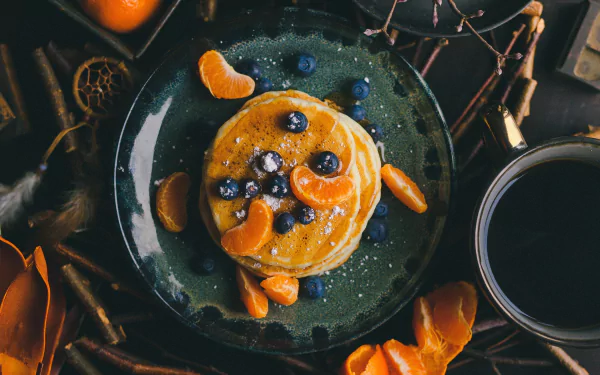 still life breakfast fruit tangerine blueberry food pancake HD Desktop Wallpaper | Background Image