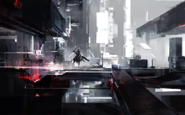 Anime warrior with long hair stands in a dark, futuristic cityscape, rendered in striking 4K Ultra HD detail for a powerful PC desktop wallpaper background.