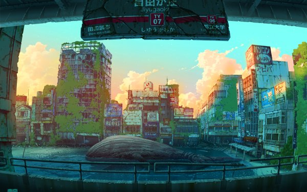 Anime Post Apocalyptic Ruin City Building Whale Sky HD Wallpaper | Background Image