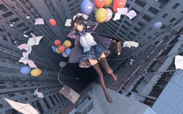 Anime Girl Black Hair Uniform Balloon HD Wallpaper | Background Image