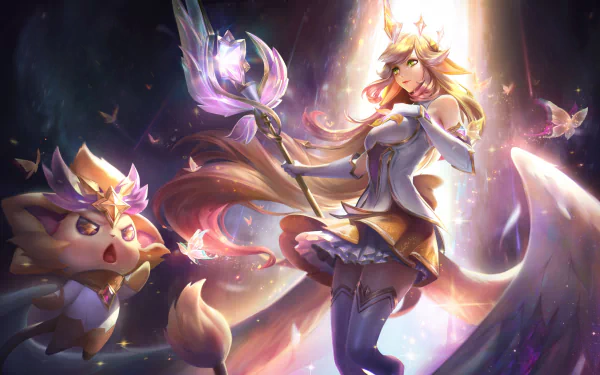 Soraka from League of Legends depicted in vibrant 4K Ultra HD artwork, featuring magical light effects and a whimsical companion, designed as a PC desktop wallpaper.
