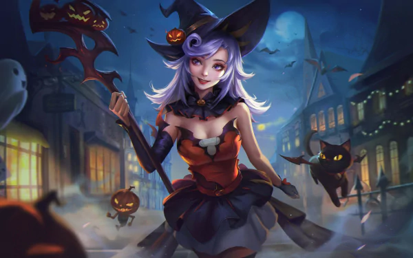 A whimsical anime girl in a witch hat stands in a moonlit Halloween scene, accompanied by playful cats, with glowing pumpkins and a spooky backdrop, creating a magical night vibe.