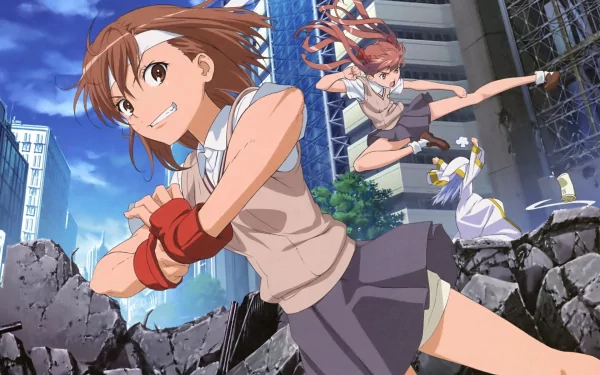 HD anime desktop wallpaper featuring energetic characters from A Certain Scientific Railgun in dynamic action poses amidst an urban backdrop with rubble and tall buildings.