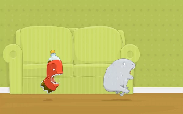 HD PC desktop wallpaper featuring characters from the TV show Aqua Teen Hunger Force in a living room setting with a green couch and patterned wall.