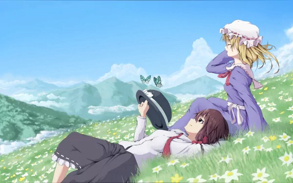 HD anime desktop wallpaper featuring Maribel Hearn and Renko Usami from Touhou, resting on a grassy hill under a bright blue sky with scattered clouds.