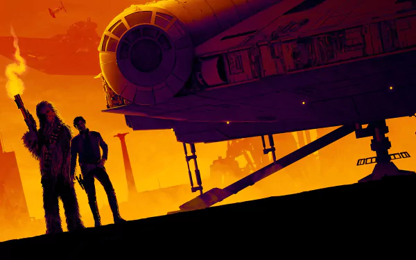 Silhouetted Chewbacca and Han Solo stand beside the Millennium Falcon at sunset — vibrant orange 4K Ultra HD PC desktop wallpaper/background from the movie Solo: A Star Wars Story.
