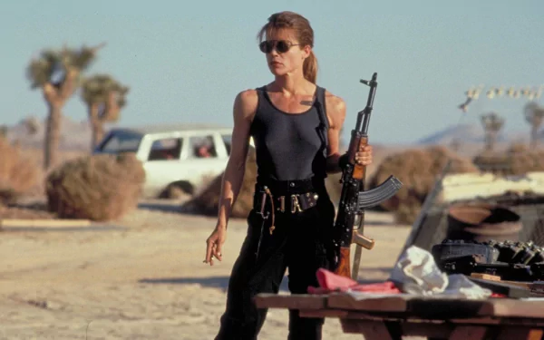 Sarah Connor, portrayed by Linda Hamilton in *Terminator 2: Judgment Day*, stands confidently in a desert setting, holding an assault rifle, embodying strength and resilience.