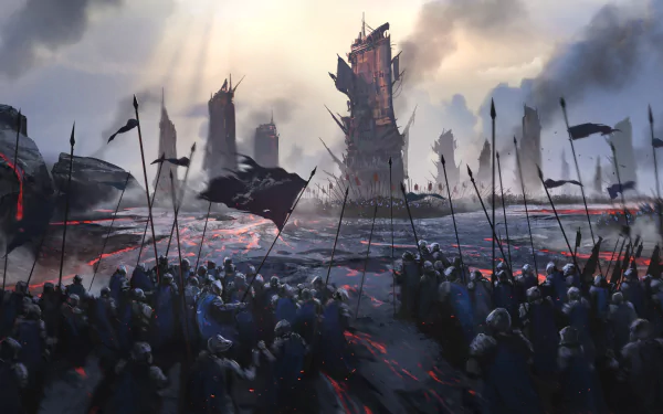 A fantasy army of knights and warriors advances toward a towering siege tower amidst smoky battlefields under a dramatic, cloudy sky.