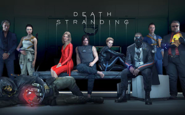 Death Stranding video game 8K Ultra HD PC desktop wallpaper: ensemble of characters in futuristic gear seated on a couch against a dark, minimalist backdrop.