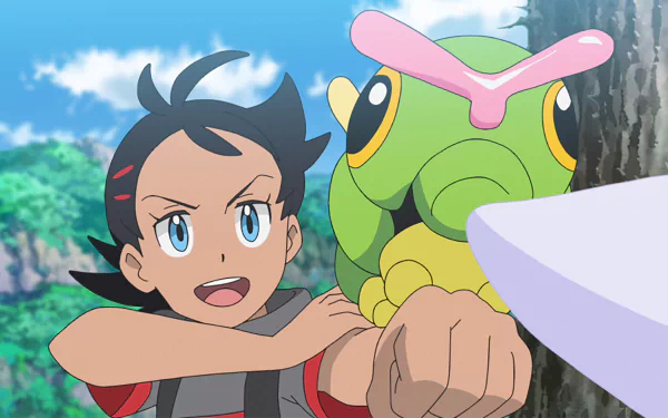 Caterpie (Pokémon) blue eyes Goh (Pokémon) Anime Pokemon HD Desktop Wallpaper | Background Image