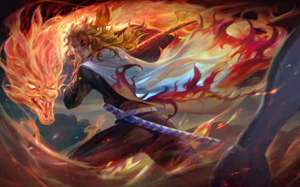 A vibrant HD wallpaper featuring a character from Demon Slayer: Kimetsu no Yaiba, surrounded by swirling flames and a fierce dragon figure, showcasing dynamic action and vivid colors.