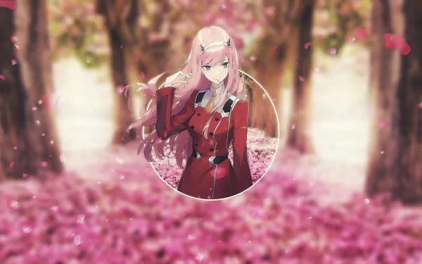 An 8K Ultra HD wallpaper featuring Zero Two from *Darling in the FranXX*, surrounded by a picturesque landscape filled with pink petals and vibrant trees.