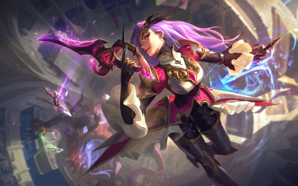 Katarina (League of Legends) video game 4K Ultra HD PC wallpaper — purple‑haired assassin mid‑leap, blades whirling and luminous magic amid a shattered arena.
