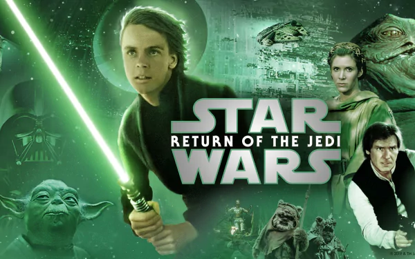 HD PC desktop wallpaper: Star Wars Episode VI: Return of the Jedi — Luke with green lightsaber center, Yoda, Leia, Han, Jabba and starships in a green space collage.