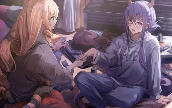 HD PC desktop wallpaper featuring Ch'en with blonde hair and green eyes alongside purple-haired Swire from the Arknights video game, set in a cozy indoor scene.