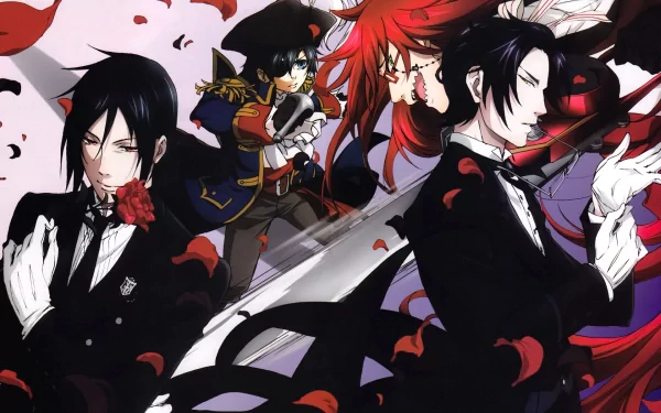HD desktop wallpaper featuring characters from the anime Black Butler, showcasing dramatic poses and vivid colors against a backdrop of swirling rose petals.