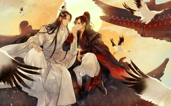 HD anime desktop wallpaper featuring Wei Wuxian and Lan Wangji from Mo Dao Zu Shi, seated on a rooftop with birds flying around them at sunset.