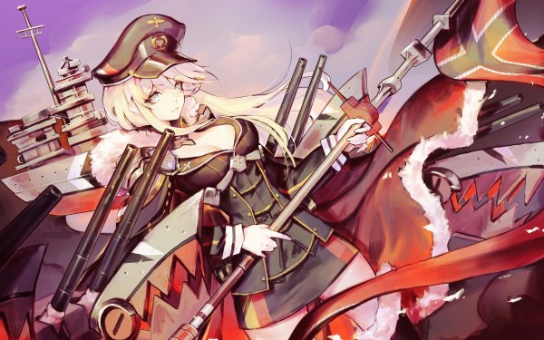 Anime Azur Lane Bismarck Blonde Grey Eyes Hat Long Hair Uniform Weapon HD Wallpaper | Background Image
