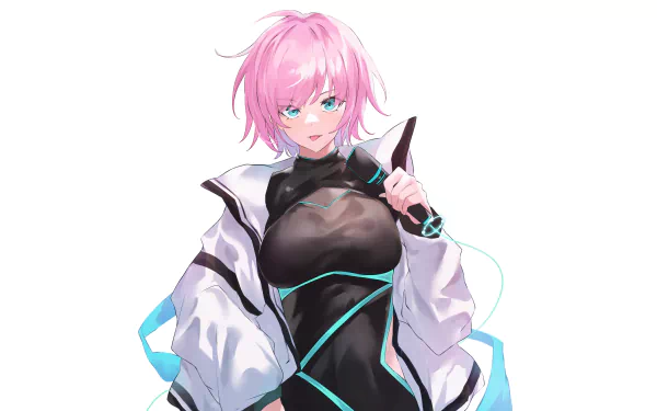 Anime-style portrait of Nijisanji virtual YouTuber Yuuhi Riri with short pink hair and aqua eyes, clutching a microphone — 5K Ultra HD PC desktop wallpaper/background.