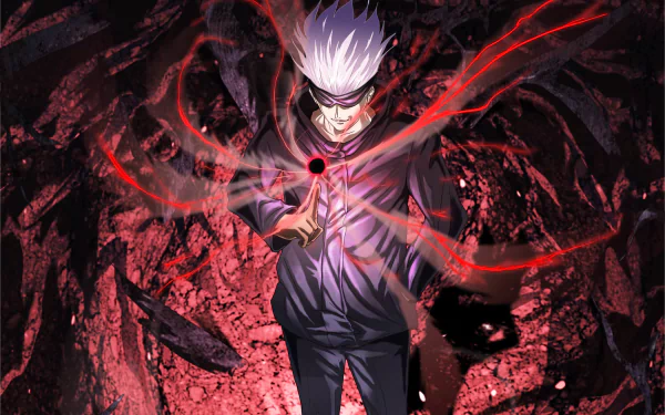 HD wallpaper of Satoru Gojo from the anime Jujutsu Kaisen, featuring a dramatic scene with red and black swirling energy.
