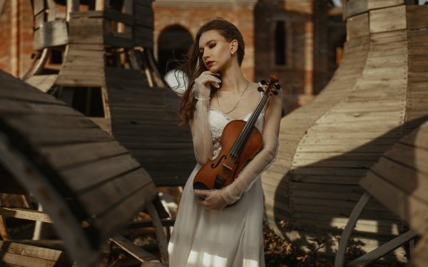 Women Model Models White Dress Violin Brunette Lipstick HD Wallpaper | Background Image