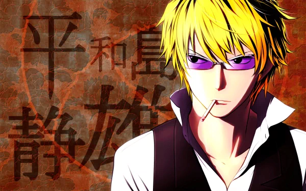 High-definition desktop wallpaper featuring Shizuo Heiwajima from the anime Durarara!!, showcasing his unique blonde hairstyle and stylish attire against a textured background.
