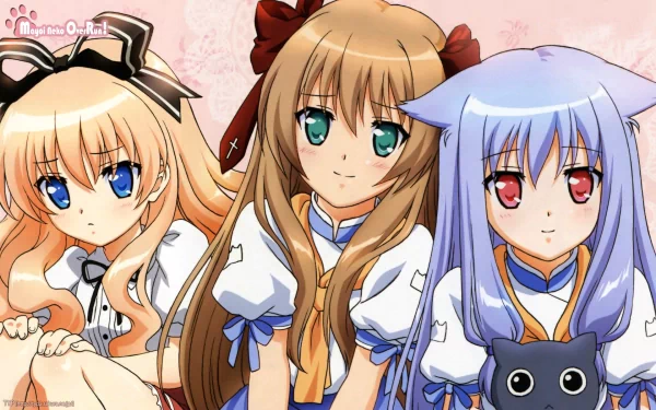 Three anime characters from Mayoi Neko Overrun! pose together with distinct hairstyles and expressions, set against a soft pink background. This HD wallpaper enhances any desktop.